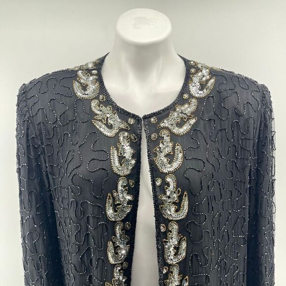 Vintage SCALA Silk Beaded Sequin Evening Glam Jacket Black Open Front XL - Picture 5 of 16